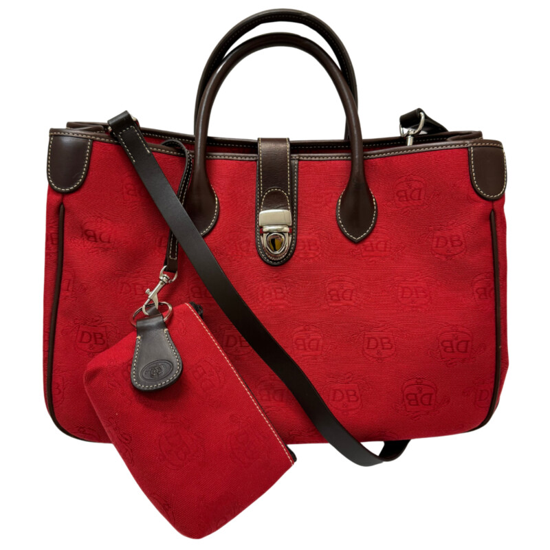 Dooney & Bourke Red Donegal Crest Double Handled Tote<br />
Zippered Divider and Key Clip<br />
Leather Trim<br />
Strap and Coin Purse Included