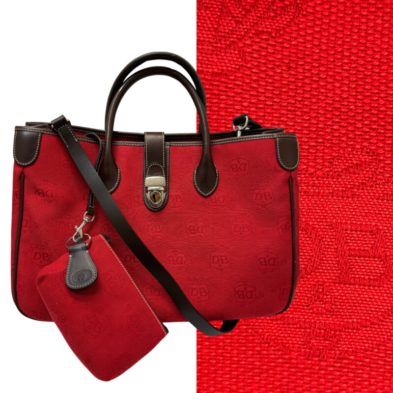 Dooney & Bourke Red Donegal Crest Double Handled Tote
Zippered Divider and Key Clip
Leather Trim
Strap and Coin Purse Included