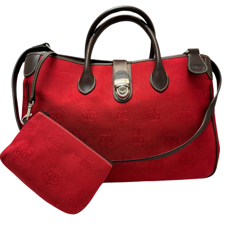 Dooney & Bourke Red Donegal Crest Double Handled Tote<br />
Zippered Divider and Key Clip<br />
Leather Trim<br />
Strap and Coin Purse Included