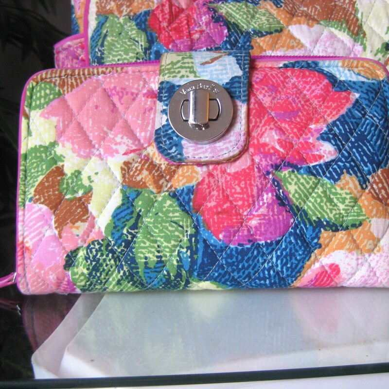 Vera Bradley Watercolor M, Pink, Size: Matching W<br />
<br />
This roomy crossbody bag and wallet set by Vera Bradley featres the Watercolors pattern.<br />
Very long adjusttale shoulder strap.<br />
Outside zippered pockets and two side slip pockets.<br />
Inside there are three slip pockets and one zippered  pockets.<br />
11.5 x 8.25 x 4.5 (at the bottom)<br />
Strap adjusts from a 14.5 drop to a maximum 30 drop<br />
<br />
The matching wallet is included.  it has a turn lock closure and a zip around compartment.  The is space for cards, bills, receipts, ID.  It also has an outside zippered pockets.  7.5 x 5<br />
<br />
Both in almost like new condition.<br />
<br />
thanks for looking!<br />
#4211