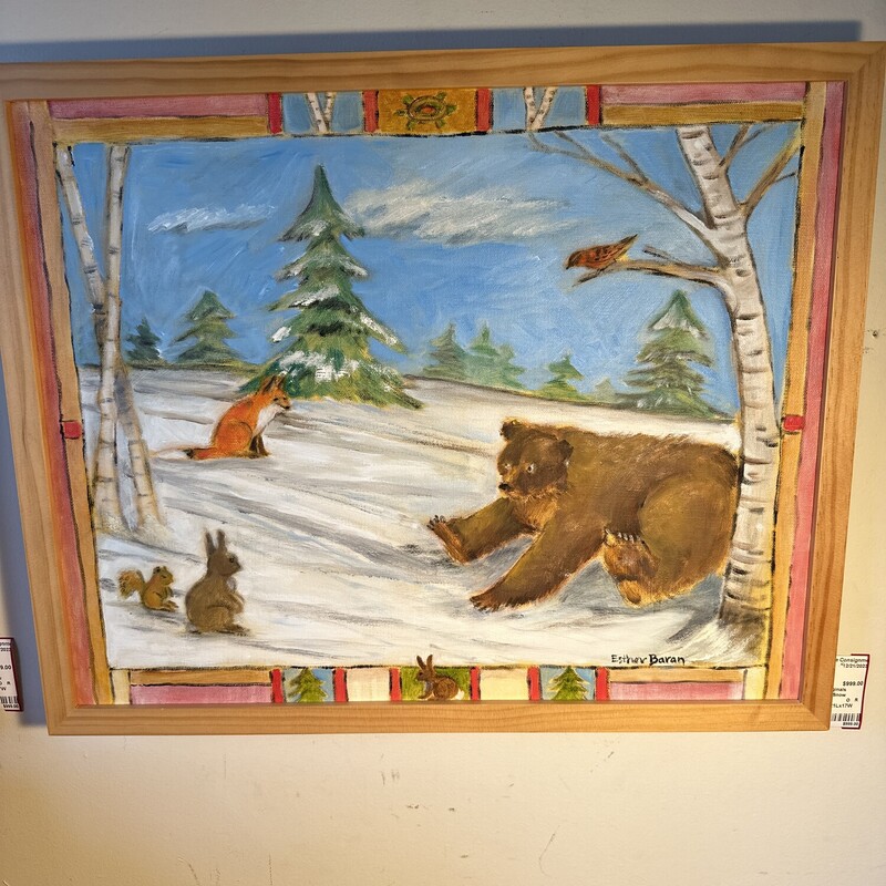 Bear In Snow By Esther Baran

Size: 21Lx17W

About the artist:

My interest in art stemmed from early childhood readings. Books are one of my primary sources for images, from early fairy stories to folk tales from a variety of cultures. While Brothers Grimm and Hans Christian Andersen were my original bed-time stories, I later discovered the tales of collectors like Afanasyev and Norwegians Jorgen Moe and Peter Asbjornsen. Many other stories have been passed down and changed from culture to culture. My favorite is the Icelandic story of a young girl whose adventures are much like those of Cinderella, but in this version she rejects the prince as being too superficial, having only noticed her in her finery and gold slippers.

In most of the cultures I have explored, animals play central roles in the stories. Some cultures have animals representing deities, and in some they are comical characters whose behavior mimics humans. Some of the Native American tales use ravens, coyotes, or turtles to explain the origins of the world. Some African cultures have the spider, Ananzi, outwitting Tortoise, or the reverse. The possibilities for imagery are endless.

Researching each country's history and unique characteristics is part of my enjoyment in doing the piece. I like to incorporate the fabric patterns and ornamentation from each ethnic group in borders around the images. I have used the same techniques in illustrating children's books.

I focused on color etchings for 40 years, but added watercolors and oils as a more direct form of expression. In all media, in addition to folktales, I do landscapes and still lifes of fruits and vegetables
