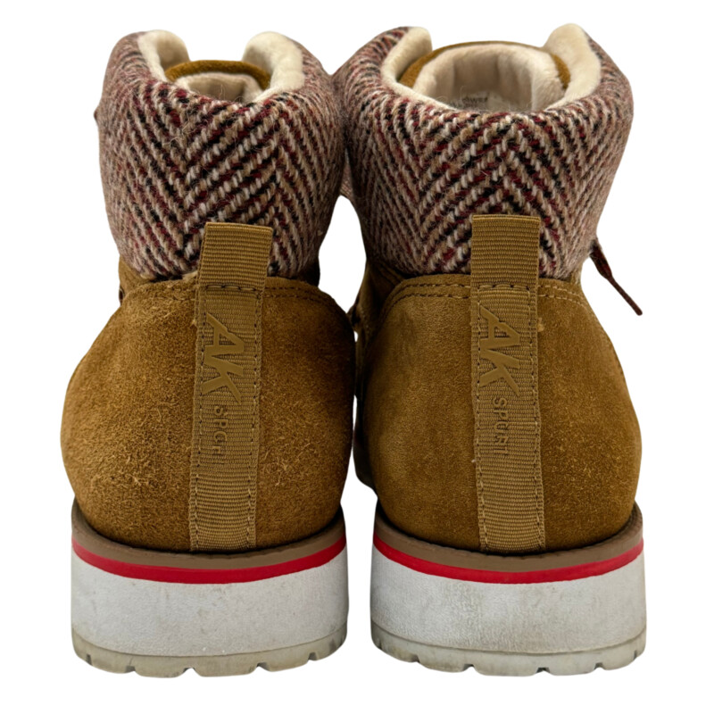 Anne Klein WillPower Leather Boots<br />
Faux Fur Lining<br />
Woven Ankle Detail<br />
Camel, Red, and White<br />
Size: 7