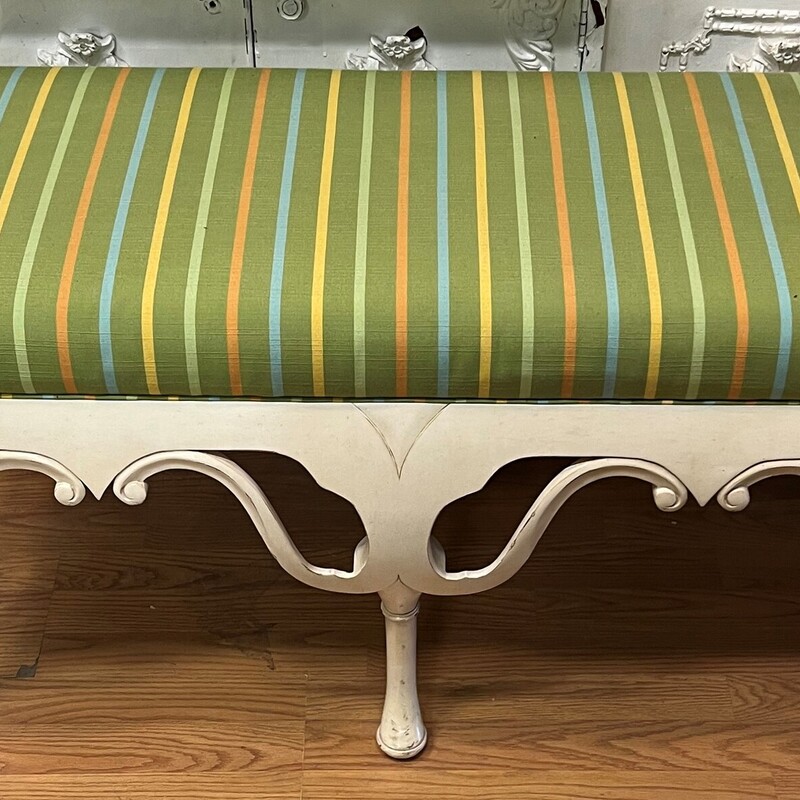 Carved Cream Wood Base, Striped, Fabric
45in x 21in x 22in