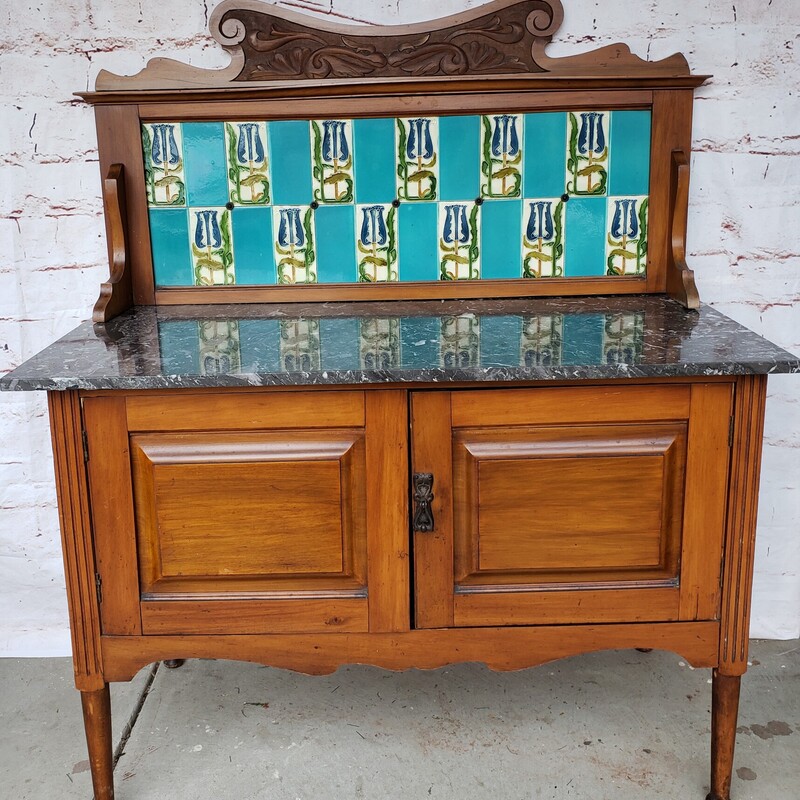 Antique English Buffet, Marble top with painted tile back.  Size: 42x20x50