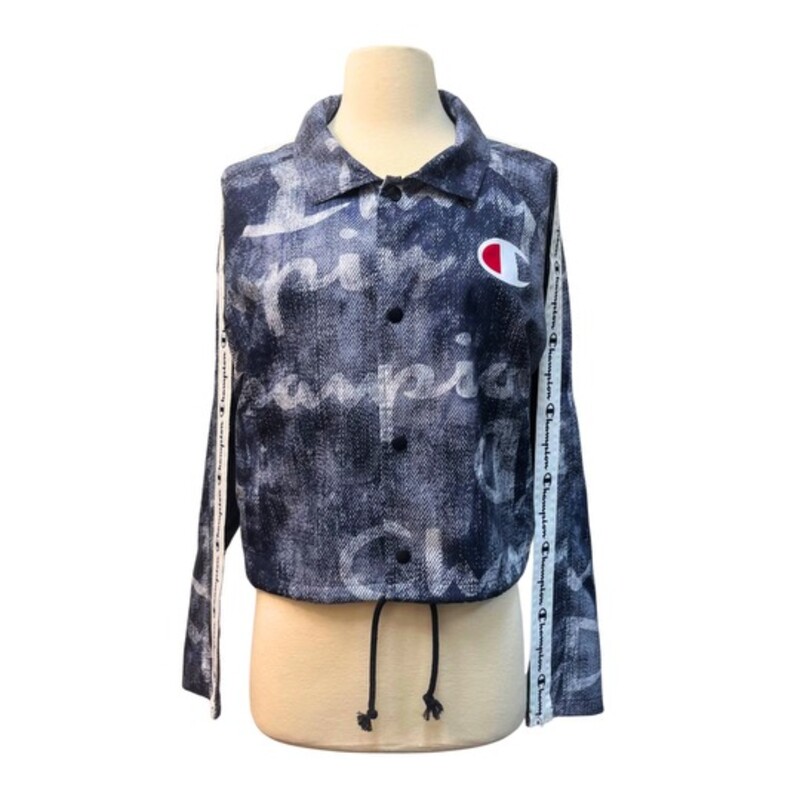 Champion Crop Logo Print Jacket<br />
Size: Medium<br />
-22 underarm to underarm<br />
-21 length<br />
-Cropped and detailed with zipper taping down each sleeve. -100% Polyester Allover, repeating logo print.<br />
-Champion logo taping on sleeves with hidden zipper adjusts coverage.<br />
-Breathable mesh lining,Snap button front.<br />
-Cropped, elastic bottom with drawcord ,low-profile angled front pockets.