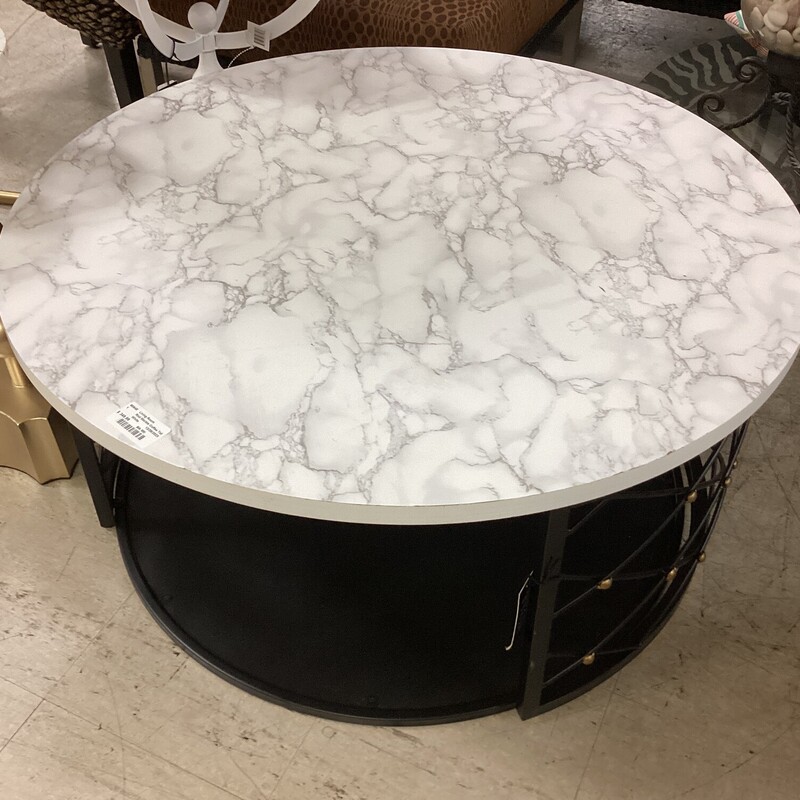 Rnd Marble Coffee Table-W, White, Blk Mtl Base
36in wide x 36in deep x 18in tall