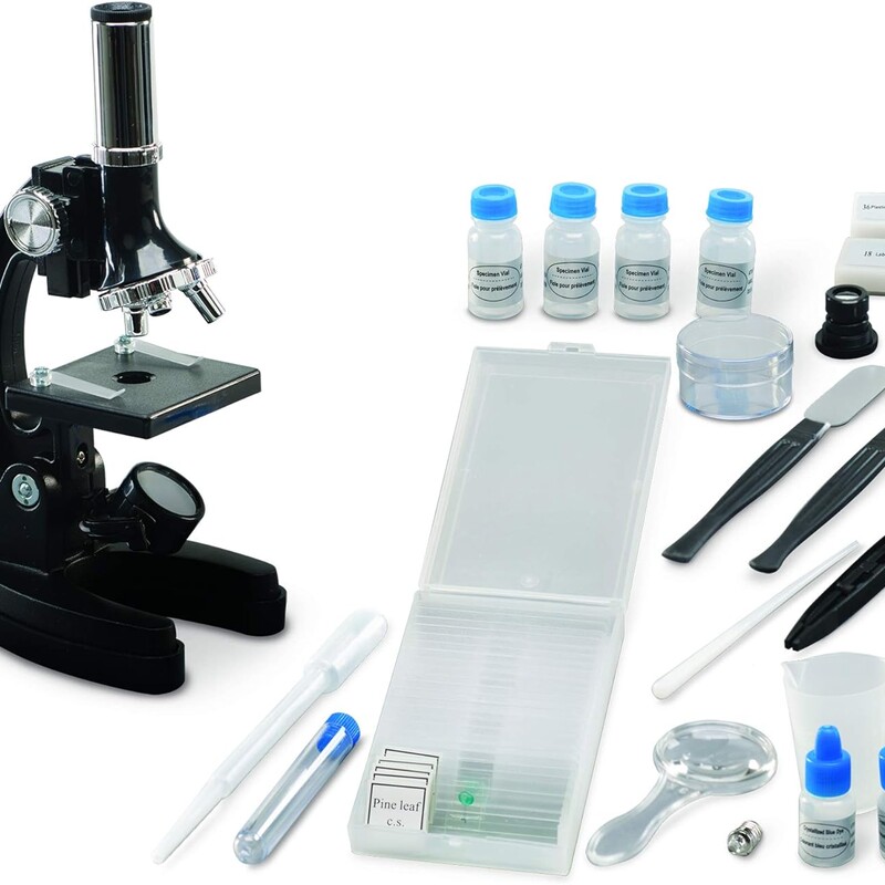 Enables kids to investigate everything from cells to crystals! This set features glass eyepieces and power settings from 50x to 600x for superior precision viewing<br />
<br />
Features:<br />
<br />
die-cast metal microscope<br />
10x and 20x glass eyepieces<br />
3 prepared slides<br />
8 blank slides<br />
Lab supplies<br />
18-page instruction and activity guide<br />
Light requires 2 AA batteries (not included).