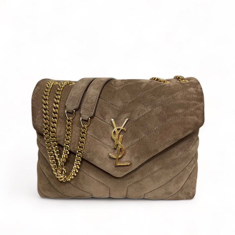 Saint Laurent Lou Lou Suede Chain Bag<br />
<br />
Color:Tan<br />
<br />
Size: Small<br />
Dimensions: 9.8''W X 6.6''H X 3.5''D<br />
Strap Drop: Doubled 11.8'', Single 22''<br />
<br />
Bronze-Toned Metal Hardware<br />
Magnetic Snap Closure<br />
Interior: Two Main Compartments Separated By One Central Zip Compartment, One Flat Pocket<br />
Grosgrain Lining