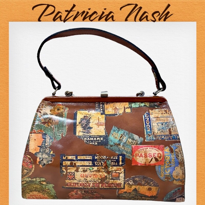 Patricia Nash<br />
Bonifati Frame Bag - Vintage Travel Sticker<br />
Capturing the romance of travel, Patricia was inspired by her own beloved antique trunks, suitcases, and train cases to create this collection that is the latest evolution of her Vintage Travel Sticker print. Reflecting her longstanding love of exploration and adventure, the stickers of this print are colorful, feminine, whimsical, and beautiful. Featured in new and iconic styles, this collection has timeless appeal.<br />
An updated take on a classic style, the Bonifati, in Vintage Travel Sticker print on supple leather, is a must-have. It features a top handle and a removable chain strap to carry it two ways.<br />
-100% full-grain leather<br />
-Interior: 1 zip pocket, 2 slip pockets; faux suede lining, 100% polyester<br />
-Exterior: deep embossed grape leaf logo, protective metal feet, burned edge finish<br />
-Push-lock closure<br />
-Signature brushed brass hardware, heavy handcrafted stitching<br />
-Dimensions: 11 5/8\"(W) x 8 3/4\"(H) x 3 1/2\"(D)<br />
-Strap drop: 23\"<br />
-Handle drop: 5 3/4\"<br />
Original Retail Price: $199.99<br />
This bag is in like new condition.  No marks or flaws.