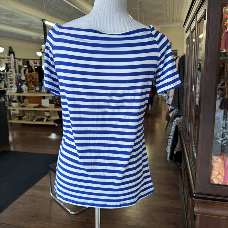 NWT Striped off the shoulder tee<br />
Color: Blue/White<br />
Size: L<br />
All sales are final, No returns<br />
Available for Shipping or In-Store pickup