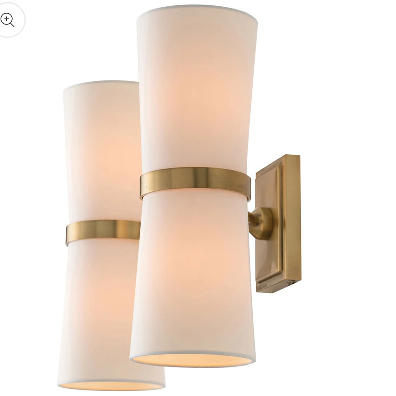 Arteriors Inwwod Sconce - Antique Brass - Off-White Linen Shade - Brand New! Retails for $708.00<br />
<br />
 Size: 15Tx18Wx9.5D<br />
<br />
THE INWOOD SCONCE IS HIGHLIGHTED BY TWO OFF-WHITE LINEN SHADES, EMITTING LIGHT ATOP AND BELOW THE SCONCE. FINISHED IN ANTIQUE BRASS THROUGHOUT. DAMP-RATED, ALTHOUGH LIMITED COVERED OUTDOOR CONDITIONS MAY AFFECT FINISH.