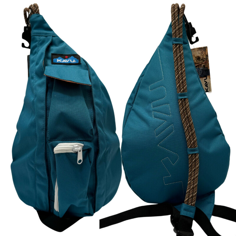 New Kavu Rope Sling Bag<br />
Made of polyester , Water Resistant<br />
Ultra-comfortable adjustable rope shoulder strap with side release buckle, two vertical zip compartments, two key or cell phone pockets, and a padded back with KAVU embroidery.<br />
Color:  Teal