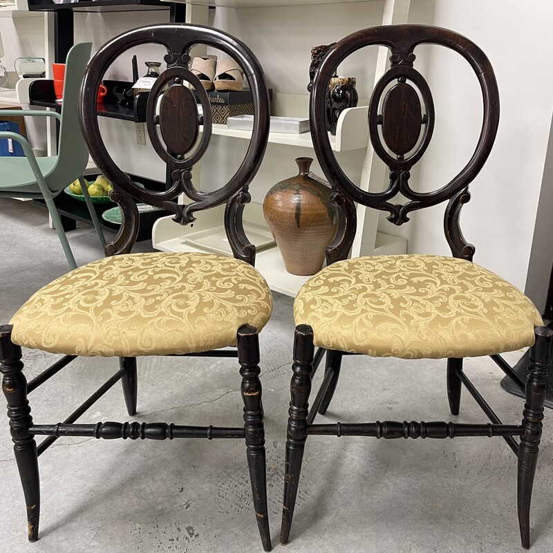 Pair Napolean 111 style ebonized  circle back side chairs with upholstered  seats.  Show age appropriate wear.  Very sweet! Sold as a PAIR.