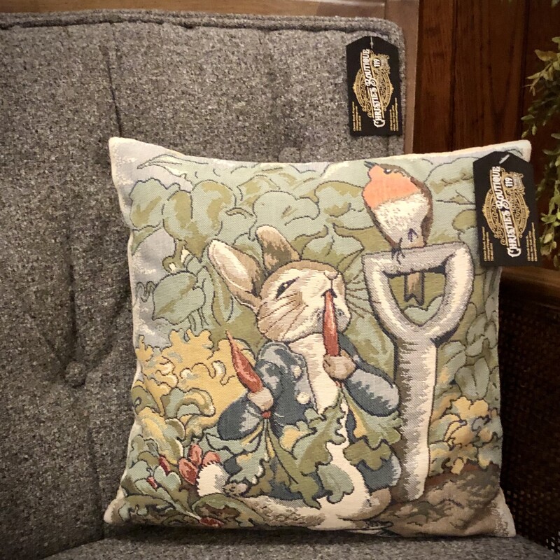 Peter Rabbit Gardener Pillow
14  X 14
As you give this pillow a squeeze, you can almost imagine Peter hopping through the fields, his whiskers twitching with excitement as he embarks on another adventure. It's the perfect companion for cozying up with a good book or drifting off to sleep with dreams of vegetable patches and secret hideouts.