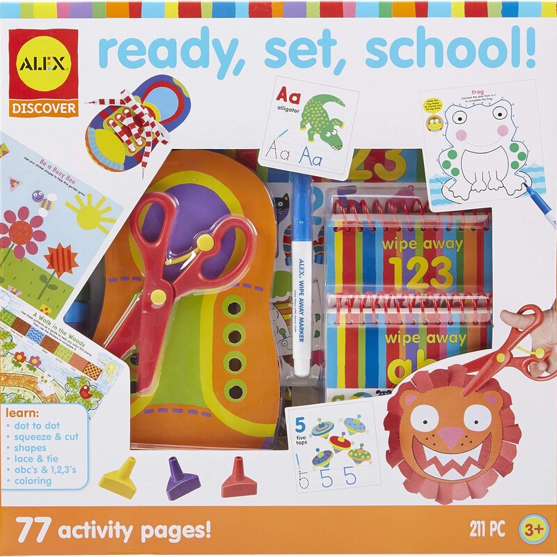 Alex Ready, Set, School Activity Box, Alex Little Hands Series The ALEX Little Hands Ready, Set, School kit is a great way to prepare pre-schoolers for their very first day of school. Children get a kick start on learning the basics, 123s, ABCs colors, shapes, writing, cutting and learning to tie their shoelaces. Its a hefty kit that includes everything you need to get ready for school. Learn to one, two, tie your shoe Easy projects to cut, paste and color. Fun & Learning Fun and learning go hand to hand with the Ready, Set, School kit. The kit includes a wide variety of activities. 15 fun worksheets will have your child coloring, placing stickers, tracing shapes and performing simple cutting activities. Kids can doodle on coloring sheets and fill in missing parts of silly illustrations. They will learn their shapes by placing the correct sticker in the appropriate outlined area to complete pictures. Children will have their basics covered while having fun. Using Your Brains & Muscles The ALEX Little Hands line encourages a childs development. The Ready, Set, School kit covers a wide range of activities to help get your child started. Children will learn important hand-eye coordination by using stencils to trace and outline shapes. The wipe away activity books will help kids with fine motor skills. Practice writing ABCs and 123s over and over again by using the included wipe away marker and wiping the pages clean with a damp cloth. Designed Especially for Little Hands The Ready, Set, School kit includes great tools to help little ones get started for school. The special spring loaded safety scissors will make it easy to learn to cut along the dotted lines of worksheets. Once they have mastered the scissors, the yellow spring can be flipped over for regular use. Triangular shaped crayons fit onto fingertips to make coloring fun and won't roll off the table. Kids can learn to lace up laces and tie shoes with the shoe tying kit. The water based wipe away marker is non-toxic and safe to use over and over again on the four wipe away activity books. What's In The Box? ABC wipe away book, 123 wipe away book, Colors & Shapes wipe away book, ABC & 123 dot-to-dot activity wipe away book, blue wipe away marker, 8 stackable finger crayons, safety scissors, 2 stencils, 15 activity work sheets, 75 stickers, shoe tying activity with shoelace, easy step by step illustrated instructions all packaged in corrugated box with handle for easy transport. Learn to write your letters, numbers and shapes with 4 wipe away activity books.