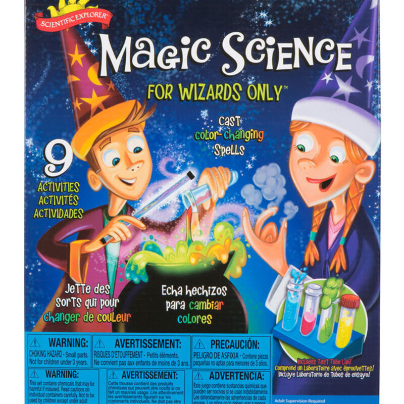 Scientific Explorer Magic Science for Wizards Only Kit is the perfect gift for the curious child who wants to master magic. Anyone can learn and perform a magic trick, but a true master magician understands the basics of how magic works and can take that knowledge and create original tricks! Magic Science contains nine activities that teach boys and girls tricks using chemical reactions, which can be applied to future stunts! Create your own wizard wand to cast spells, make your own magic hat, make ordinary powders mystically foam and change color, create your own test tube crystal ball and more! Includes Citric acid (3oz.), Baking Soda (2oz.), Vegetable oil (2oz.), Cross-linked polyacrylate. copolymer (1oz.), Red cabbage juice powder (0.25oz.), Zinc sulfide (0.07oz.), 12 color tablets, 4 test tubes with a stand, 1 wizard wand with 2 caps, 1 small scoop, 1 medium scoop, 1 sheet of star stickers, 1 sheet of purple paper and 1 science and activity guide. Recommended for children 6 years of age and older with adult supervision.