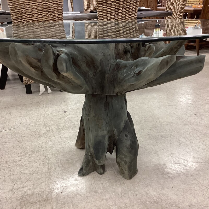 Teak Trunk Table -WMC, Gray, Round Glass<br />
55in wide x 55in deep x 30in tall