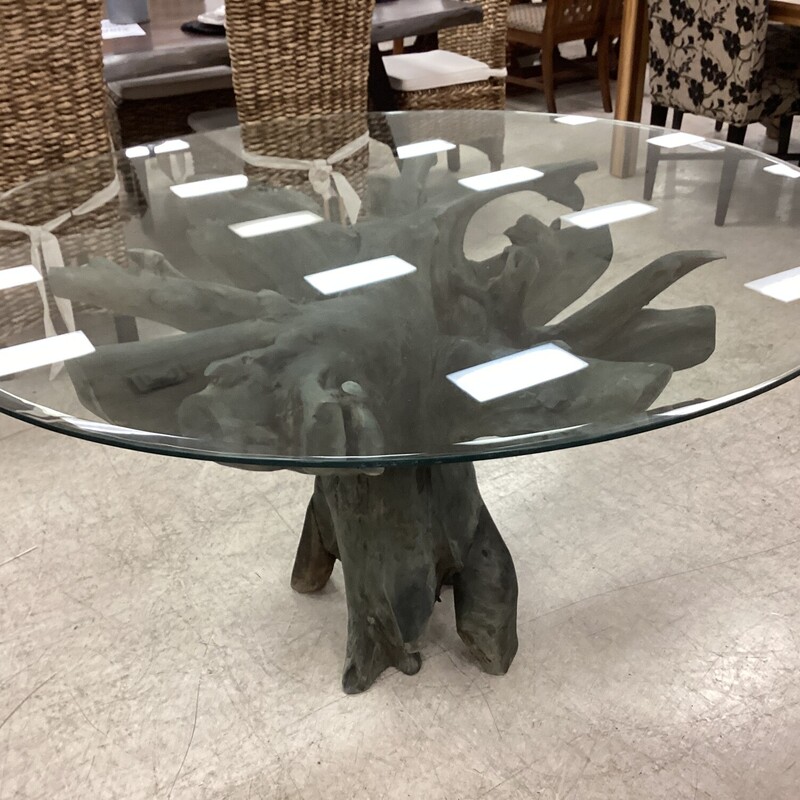 Teak Trunk Table -WMC, Gray, Round Glass
55in wide x 55in deep x 30in tall