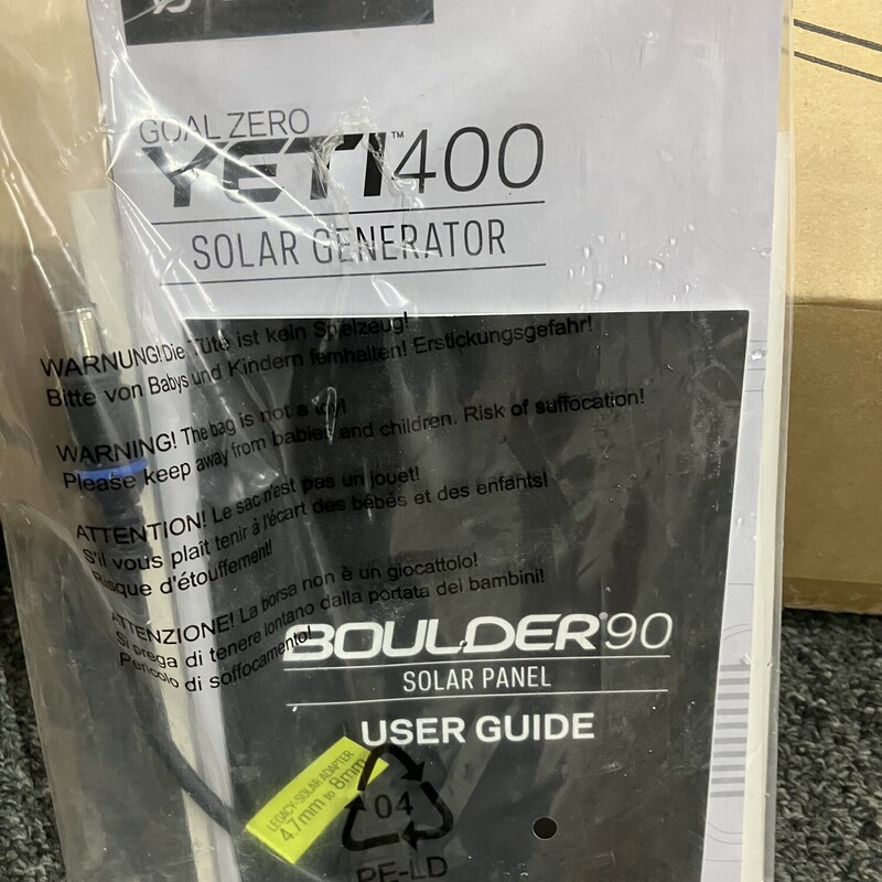 Portable Power Station, Goal Zero,  Yeti 400<br />
with Boulder 90 Solar Panel (new in box)<br />
and MC4 solar extension cable.<br />
<br />
Designed for charging phones, tablets, cameras, and more, the Goal Zero Yeti 400 Lithium can also be used as an alternative to a gasoline-powered inverter generator, running small appliances, lights, even medical devices during short power outages.