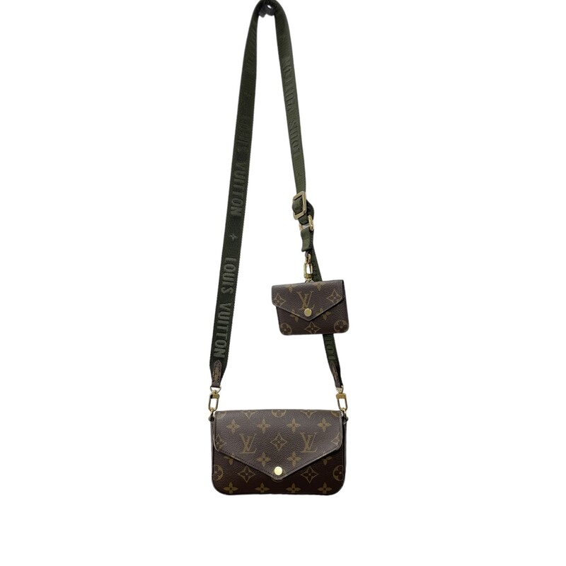 Louis Vuitton Felicie Strap & Go

Dimensions:
17 x 9.6 x 3.5 cm
Strap: Removable, adjustable
Strap Drop: 36.0 cm
Strap Drop Max.: 55.0 cm

Note: The corners of the flap and the edges of the handbag have wear. See photos.

This is an authentic LOUIS VUITTON Monogram Felicie Strap & Go in Kaki. This chic crossbody bag is crafted of monogram-coated canvas. The bag features a removable khaki canvas strap, a coin pouch and gold hardware. The front flap opens to a green fabric interior with card slots and a patch pocket.

Khaki Green
Monogram coated canvas
Jacquard textile strap
Microfiber and cowhide-leather lining
Gold-color hardware
Press-stud closure
Removable card holder
Inside flat pocket
3 card slots