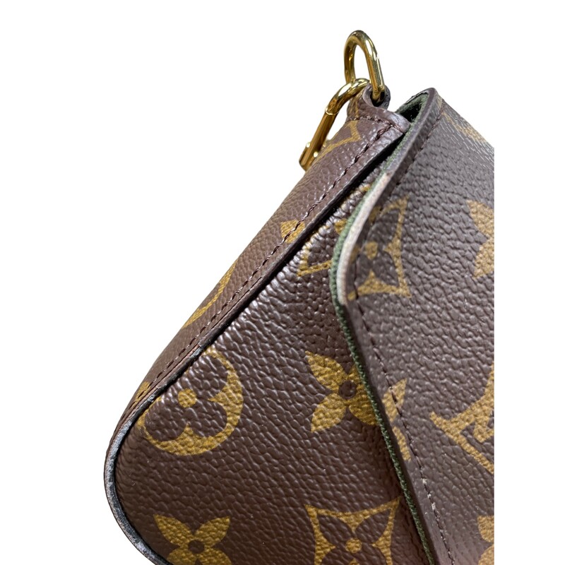 Louis Vuitton Felicie Strap & Go<br />
<br />
Dimensions:<br />
17 x 9.6 x 3.5 cm<br />
Strap: Removable, adjustable<br />
Strap Drop: 36.0 cm<br />
Strap Drop Max.: 55.0 cm<br />
<br />
Note: The corners of the flap and the edges of the handbag have wear. See photos.<br />
<br />
This is an authentic LOUIS VUITTON Monogram Felicie Strap & Go in Kaki. This chic crossbody bag is crafted of monogram-coated canvas. The bag features a removable khaki canvas strap, a coin pouch and gold hardware. The front flap opens to a green fabric interior with card slots and a patch pocket.<br />
<br />
Khaki Green<br />
Monogram coated canvas<br />
Jacquard textile strap<br />
Microfiber and cowhide-leather lining<br />
Gold-color hardware<br />
Press-stud closure<br />
Removable card holder<br />
Inside flat pocket<br />
3 card slots