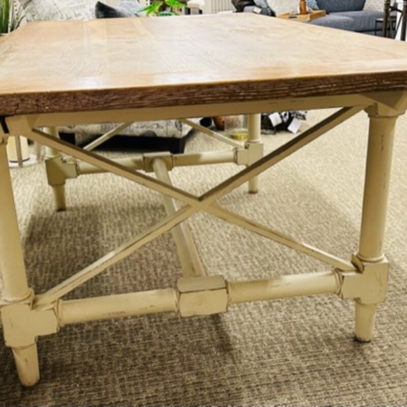 Arhaus Distressed Wood Dining Table<br />
Brown Cream Size: 72 x 39.5 x 30H<br />
As Is - very distressed<br />
2 leaves that attach to either end