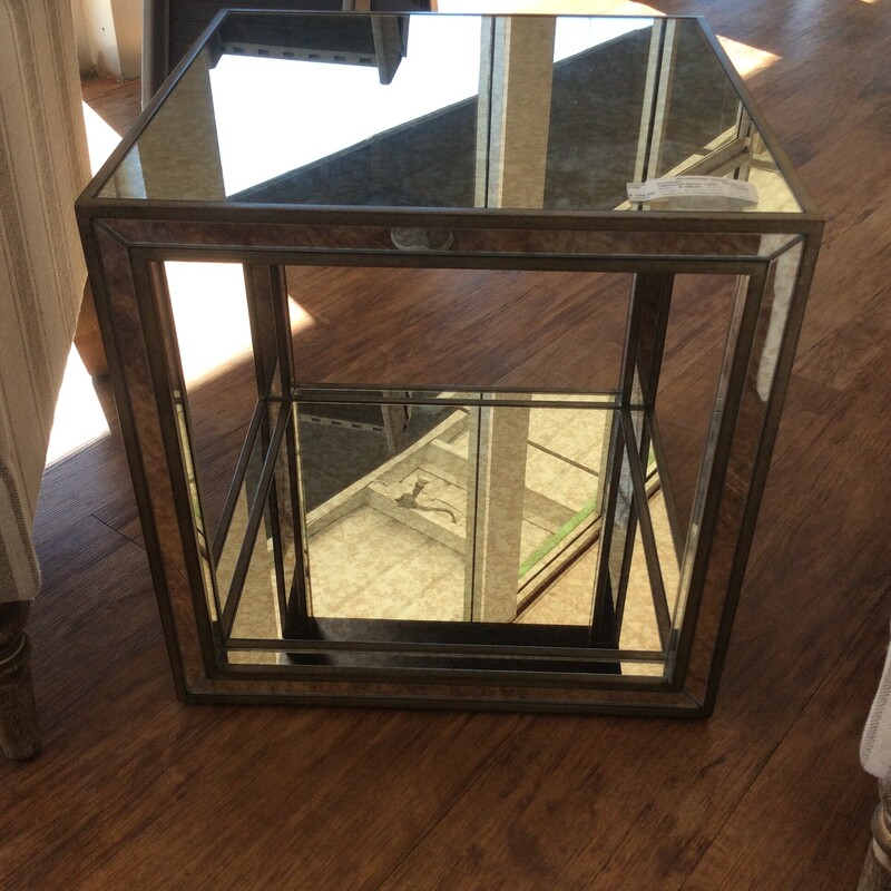 Uttermost Julie 18.5in Wide Mirrored Accent Table with Wood Frame by Matthew Williams.  Constructed from birch wood with antique mirror accents.  Lower shelf is ideal for storage or display