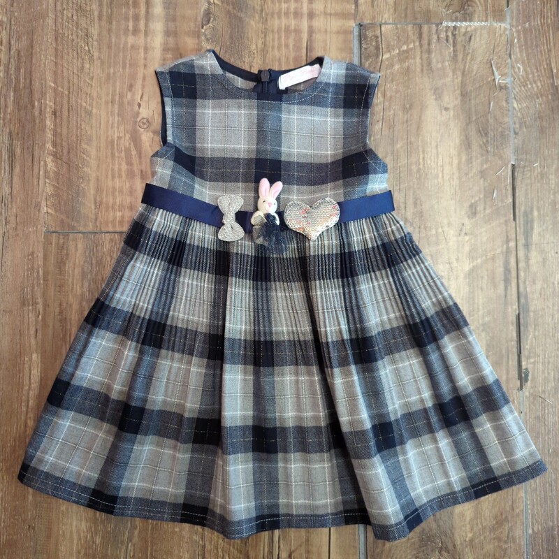 Pink Rabbit Plaid Pleated, Navy, Size: Baby 24m