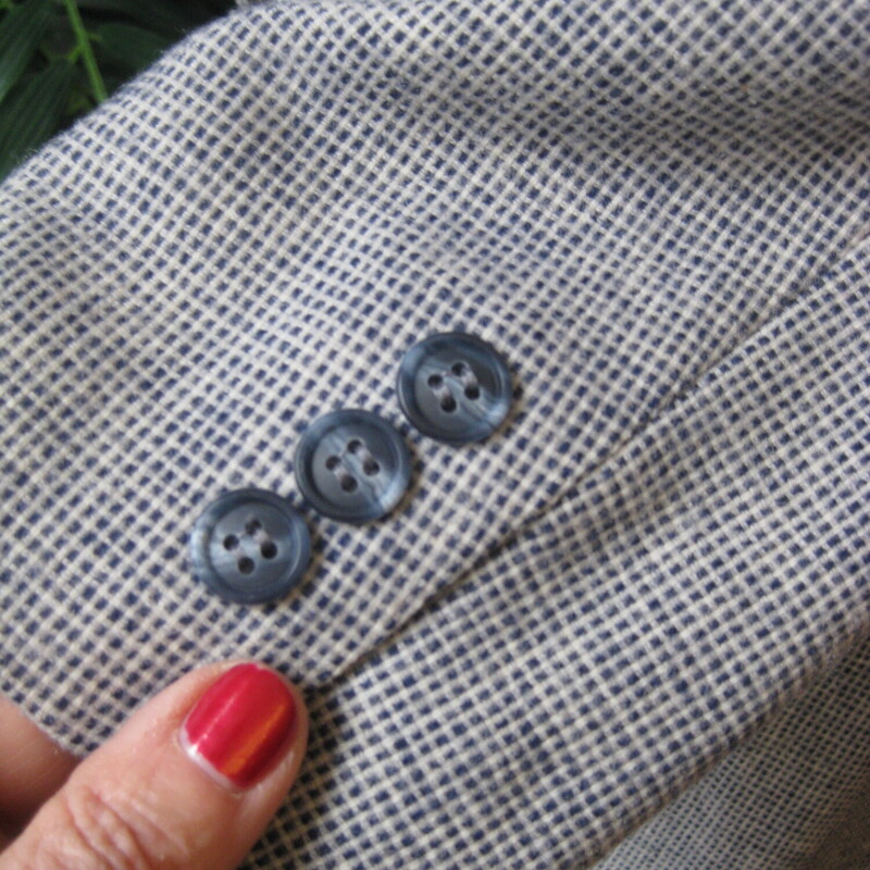 Pendleton Check Skirt Jkt, Blue, Size: Medium
This is a Pendleton suit from the 1990s.    Well cut, versatile, tailored made of a tiny check suiting in medium blue and white.  The effect is very light in color, so the suit will work in winter and spring.
The jacket is a standard silhouette blazer and the skirt is a dirndl style.
Both pieces are fully lined.

Should fit a modern size medium.
Here are the FLAT measurements:
Skirt: side button and in seam pockets
Waist : 14.5
Hips: 21
Length: 27.5

The jacket is single breasted with plastic buttons and working pockets.
Shoulder to shoulder: 16
Armpit to Armpit: 19.5
width at hem: 20
Underarm sleeve seam length: 16
length: 23

Excellent condition, no flaws.

Thank you for looking!
#55043