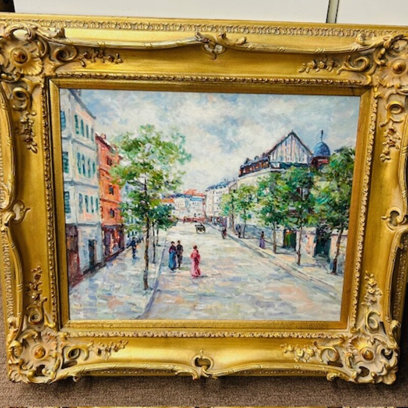 Vintage City Street Stroll Art
Blue Green Pink Oil in Ornate Gold Frame
Size: 35x31H