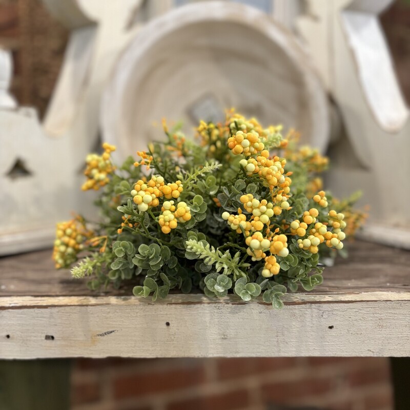 The Yelllow Harpeth Half Sphere has pretty shades of yellow berries surrounded by shades of greenery. Use this half sphere in dough bowls, lanterns or just sitting with your tablescape. Half sphere measures approx 9 inches in diameter and is approx 5 inches high