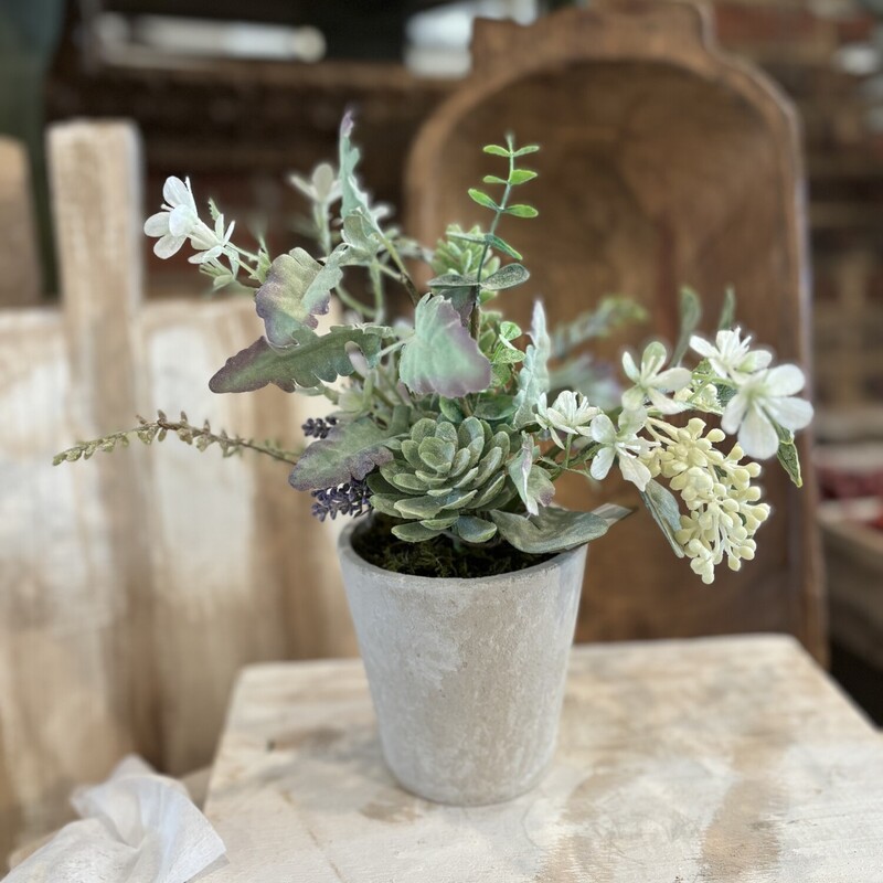 The cement potted floral is a pretty mixture of greenery and succulents. Add this to any shelf for instant color
Cement pot is 4 and a half inches tall, pot is 11 inches tall overall