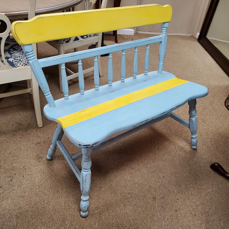 Painted Spindle Bench, YlwBlu, Size: 35x17