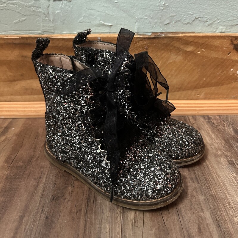 Boot Side Zip Glitter Tot, Black, Size: Shoes 7