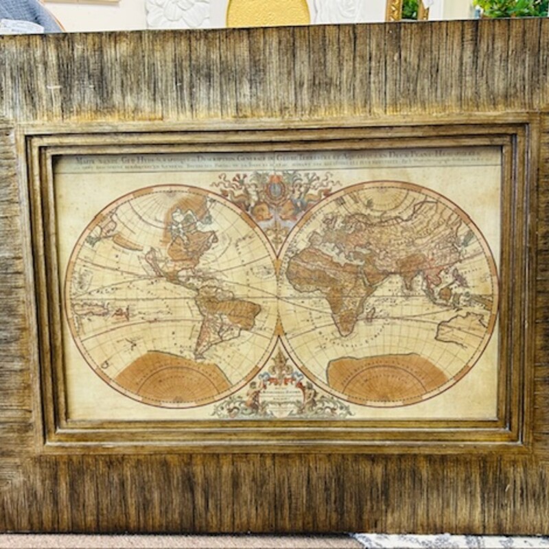Double World Map On Wood Artwork
Brown Tan Red Size: 40 x 30H
As Is - some marks/chips on wood