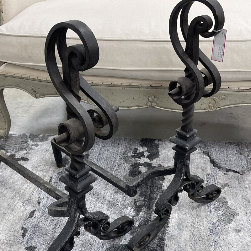 Unusual  ornate  Forged Iron Andirons<br />
 Black,