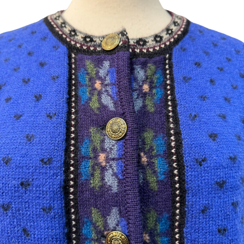 Vintage Tally-Ho Cardigan<br />
100% Boiled Wool<br />
Nordic Style<br />
Adorable Buttons<br />
Blue with Black and Greens<br />
Size: Small
