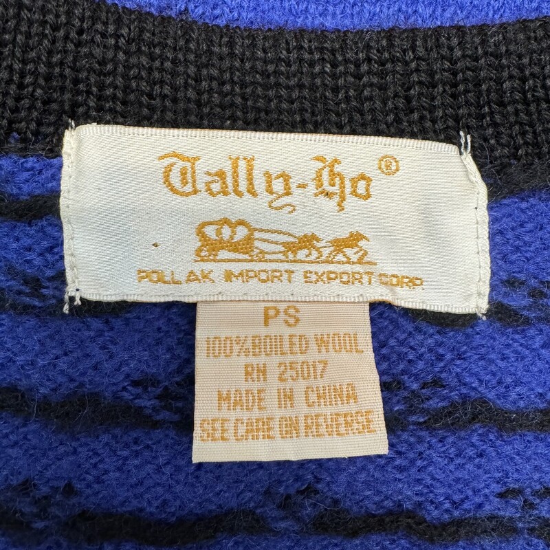Vintage Tally-Ho Cardigan<br />
100% Boiled Wool<br />
Nordic Style<br />
Adorable Buttons<br />
Blue with Black and Greens<br />
Size: Small