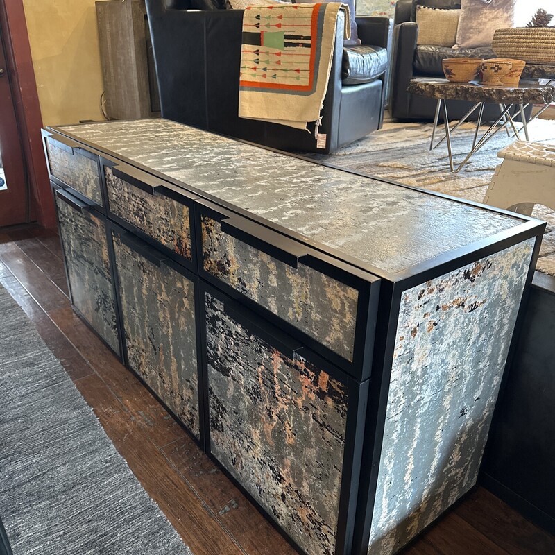 Reclaimed Metal Three Drawer - Three Door Media Console by San Francisco Artist and  Wood Worker Adam Arrington<br />
<br />
Size: 68Lx24Dx30T