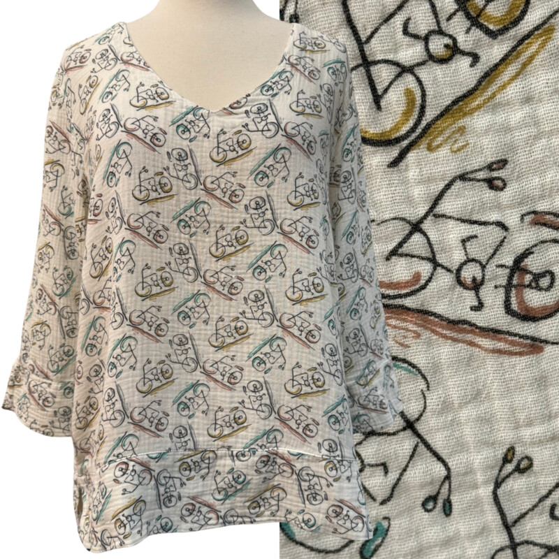New Color Me Cotton Bicycle Print Top
100 % Cotton
Cream, Black, Pink, Mint and Yellow
Size: XL