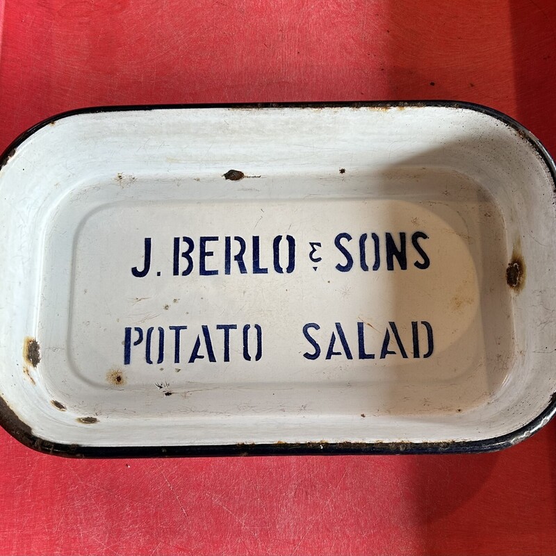 Barlo & Sons Enamel Tray
Size: 14 X 9
This great find is from Boston.  Barlo and Sons sold potato salad only!!  Great wall hanger!