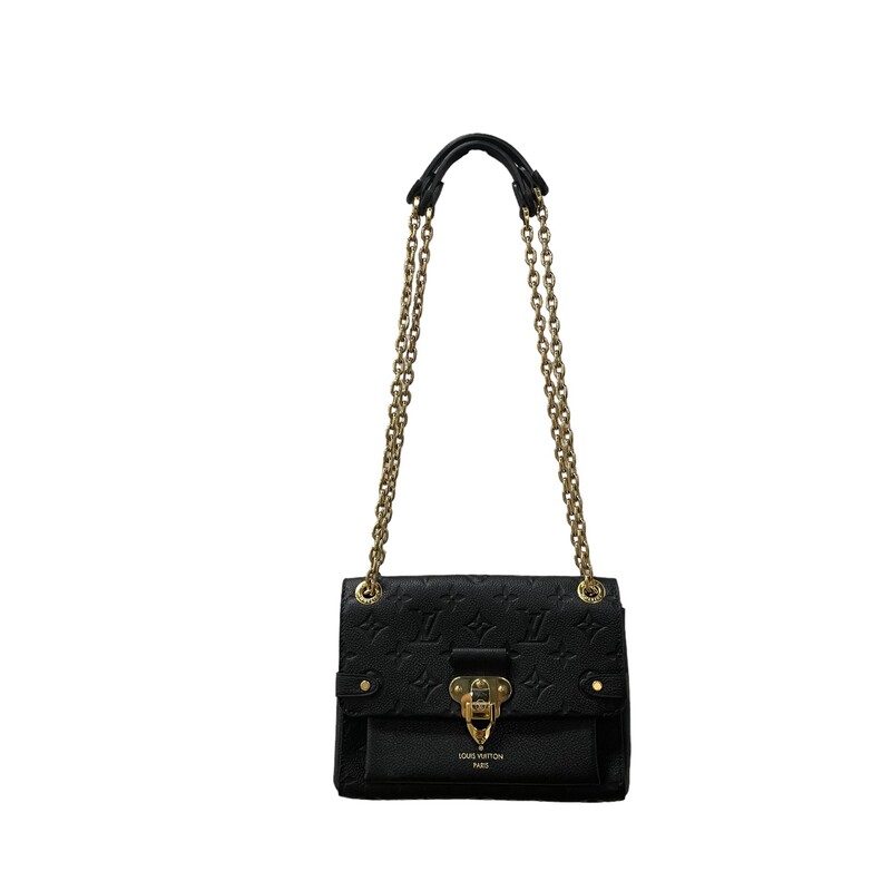 Louis Vuitton Vavin, Black, Size: BB<br />
The new Vavin BB brings a contemporary twist to a classic bag. Its sophisticated mix of smooth and embossed Monogram Empreinte leather contrasts with the gold finish of the comfortable chain strap and the clasp modeled after Louis Vuitton’s historic trunk locks. Compact yet large enough to hold all the essentials, it makes a superb day-to-evening companion.<br />
8.1 x 5.9 x 3.1 inches<br />
(length x Height x Width)<br />
Black<br />
Embossed supple grained cowhide leather and supple grained cowhide leather<br />
Supple grained cowhide leather trim<br />
Microfiber lining<br />
Gold-color hardware<br />
Metal signature lock