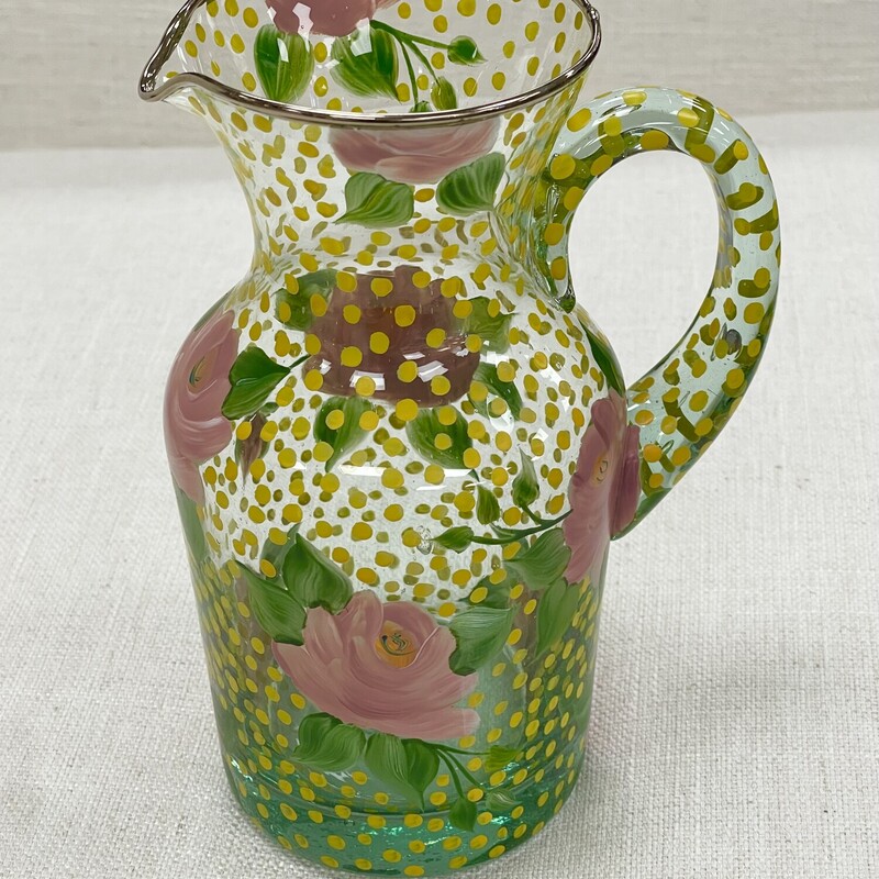 MacKenzie Childs Pitcher,
Pink Flowers with Yellow Polka Dots,
Size: 9 In