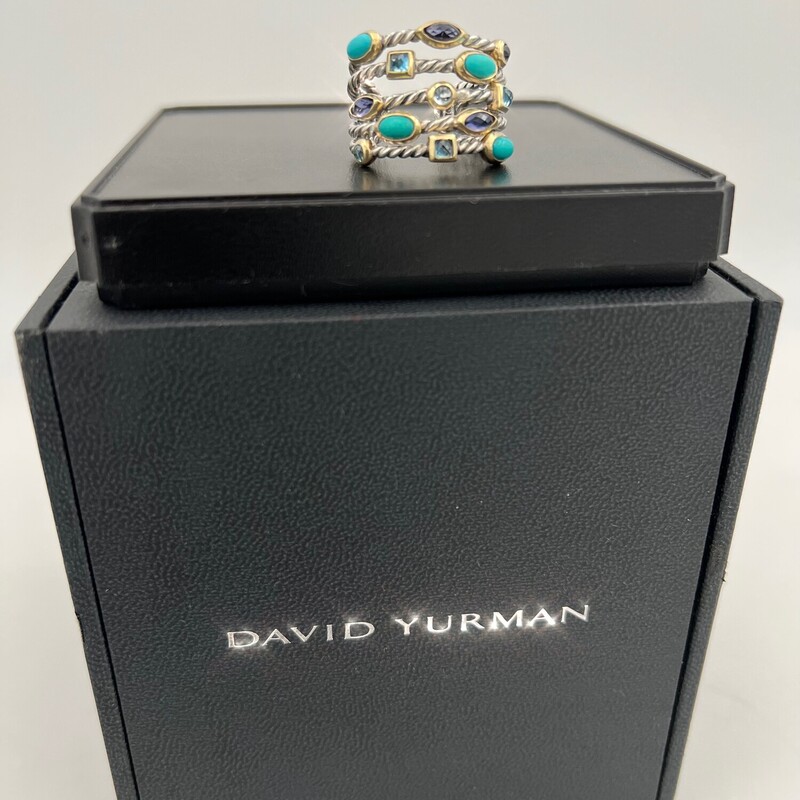 18K Gold and 925 Sterling Silver David Yurman `Confetti` Ring, with Turquoise and Amethyst<br />
Size: 8