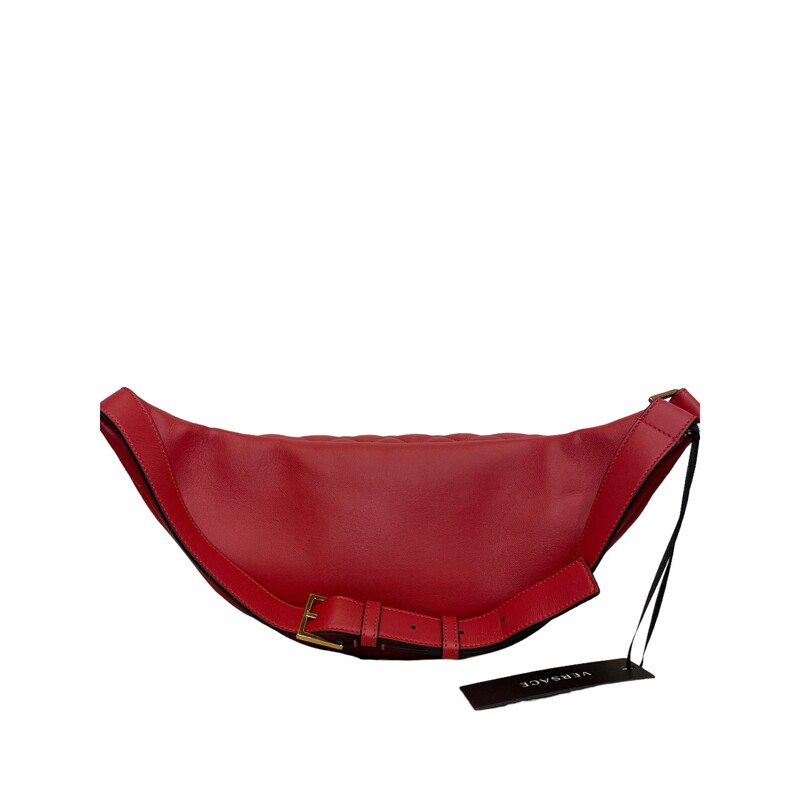 Versace Red Quilted Fanny Pack<br />
Style: Belt Bag<br />
Color: Red<br />
Outer: 100% Lamb Leather<br />
Lining: 60% Cotton, 40% Viscose<br />
<br />
Dimensions:<br />
Height: 5<br />
Width: 8<br />
Depth: 3