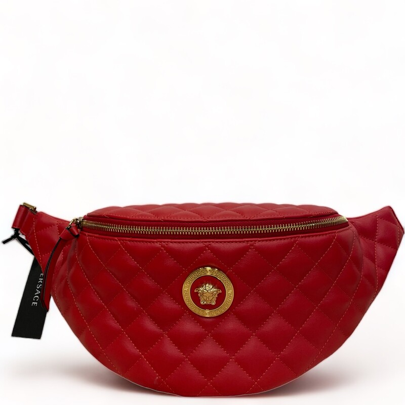 Versace Red Quilted Fanny Pack
Style: Belt Bag
Color: Red
Outer: 100% Lamb Leather
Lining: 60% Cotton, 40% Viscose

Dimensions:
Height: 5
Width: 8
Depth: 3