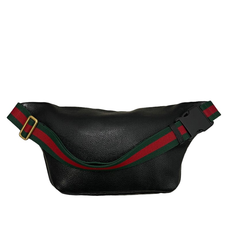 Gucci Logo Fanny Pack Black<br />
Size: Large<br />
<br />
Dimensions:<br />
Base length: 7 in<br />
Height: 8.5 in<br />
Width: 2.5 in<br />
Drop: 17 in<br />
<br />
Black grained calf leather exterior with red web strap and gold-tone hardware and textile lining<br />
Made in Italy<br />
Front zipper closure<br />
One main compartment<br />
Adjustable waist strap