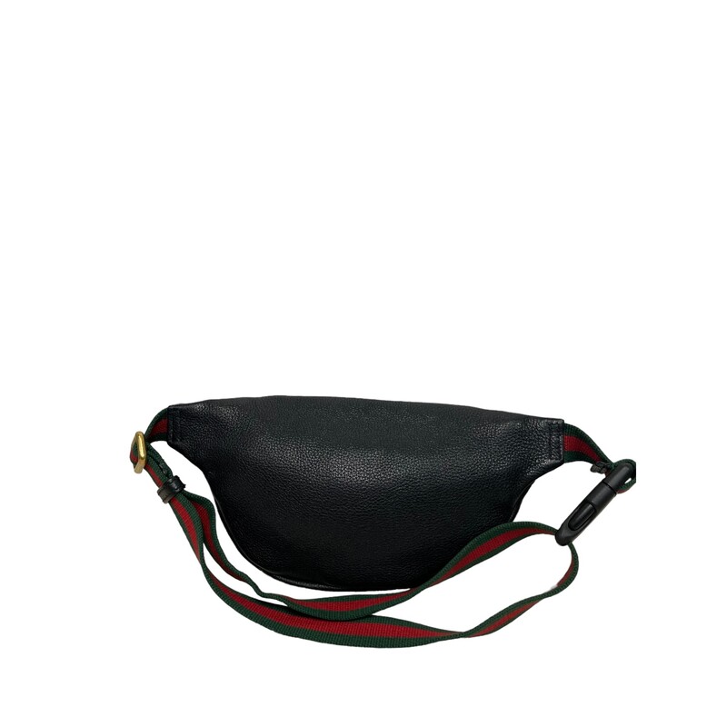 Gucci Logo Fanny Pack Black<br />
<br />
Size: Small<br />
Code:527792 204991<br />
Dimensions:<br />
Measures approx 5.5 W x 5 H x 1.75 D<br />
<br />
Black grained calf leather exterior with red web strap and gold-tone hardware and textile lining<br />
Made in Italy<br />
Front zipper closure<br />
One main compartment<br />
Adjustable waist strap