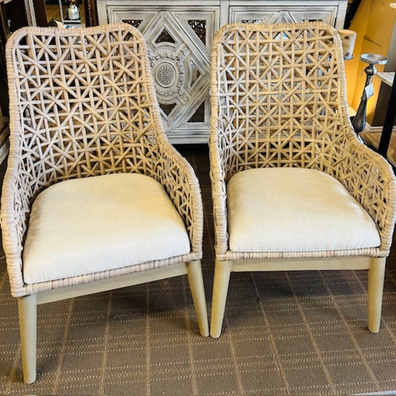 Set of 2 Wicker Cushion Accent Chairs
Tan Cream Size: 24 x 21 x 39H
As Is - slight unraveling of wicker