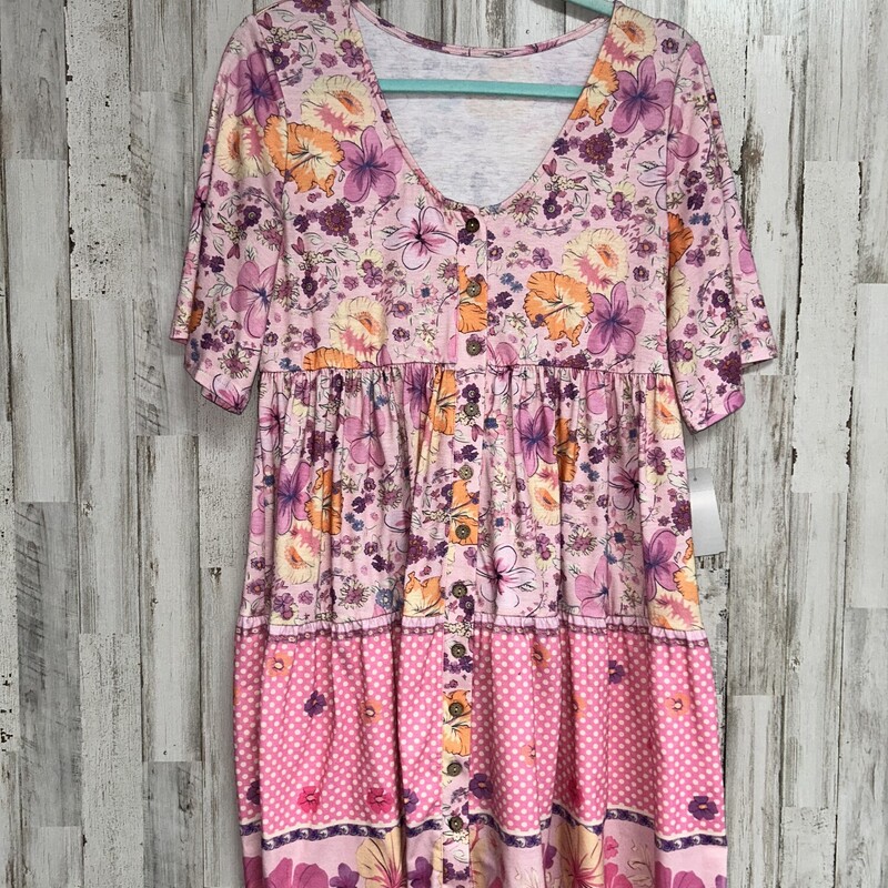 S Pink Flower Button Dres